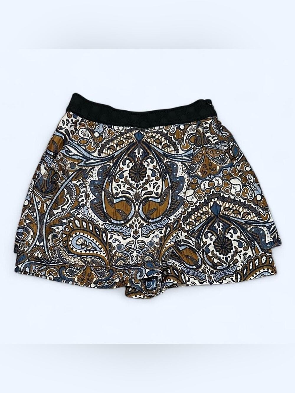 NWT Maje Imane Brown Blue Paisley Jacquard Skort Elastic Waistband FR 34 US XS
